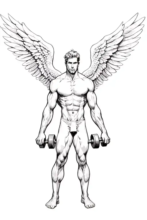 a men full whole gym body and long angel wings on back and two dumbbells in his hands  tattoo design idea