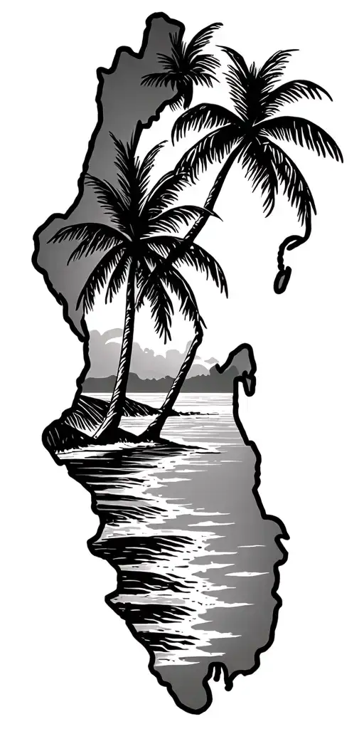 Curacao Flag in the island shape with beach and coconut trees Dominican Flag in the island shape with beaches and coconu tattoo design idea
