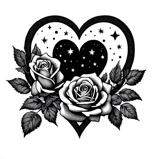 A symbolic tattoo of roses and stars forming a heart shape, representing romance and fate, in a dotwork style. tattoo design idea