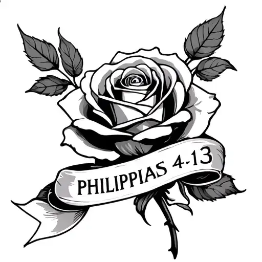Rose with banner reading "PHILIPPIANS 4:13" tattoo design idea