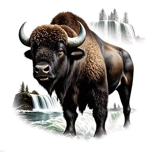 Realistic tattoo design featuring elements about my life. I want to do a buffalo standing in front of niagara falls  tattoo design idea