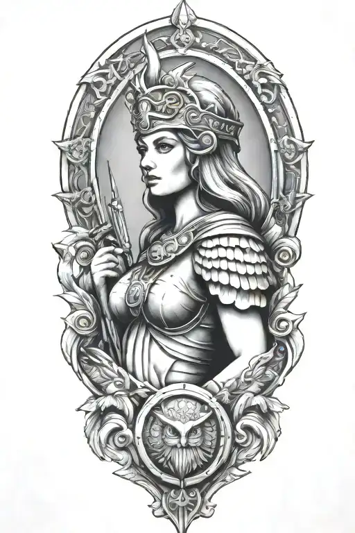 athena with owl shield and spear tattoo design idea