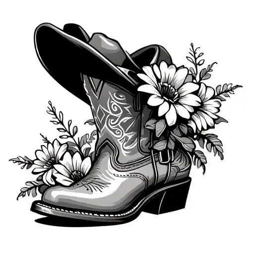 cowboy boot with flowers growing out and cowboy hat flower tattoo design idea