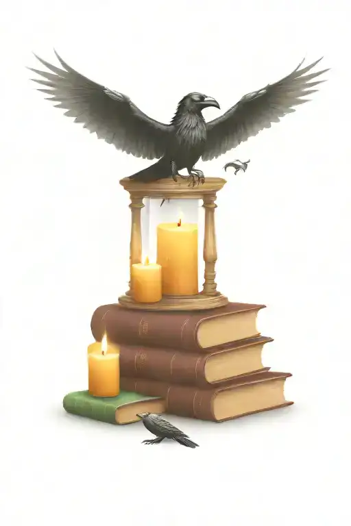 Stack of books with raven, skull, hourglass, flying dragon, candle  tattoo design idea