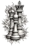 "A tattoo design featuring two chess pieces, the king and queen, symbolizing my parents' love for playing chess together tattoo design idea
