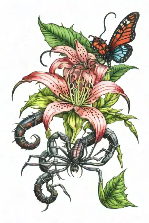 spider red lily and centipede crawling tattoo design idea
