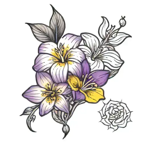Yellow Buttercup flower and purple plumeria flower tattoo design with no green leafs tattoo design idea
