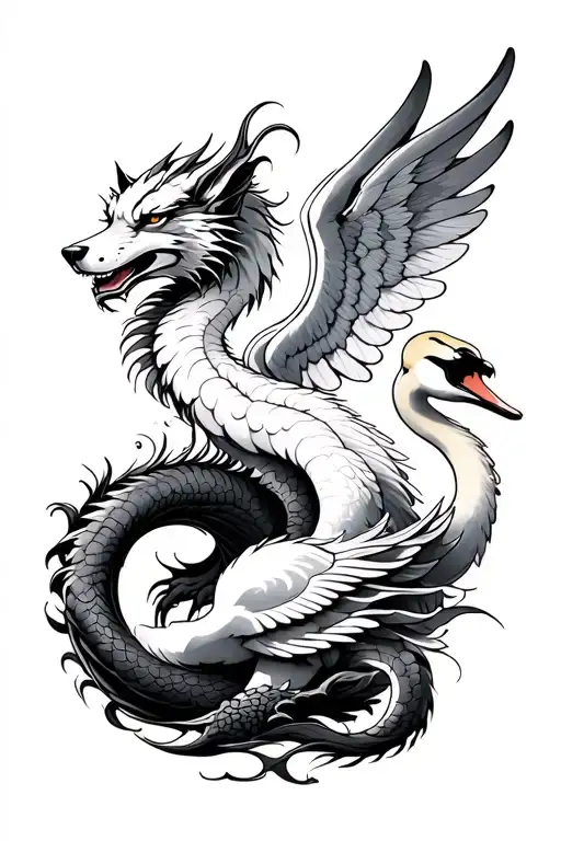 Japanese style dragon lower leg, swan with wings coming up around knee and white wolf upper leg. make it a whole leg tat tattoo design idea