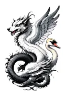 Japanese style dragon lower leg, swan with wings coming up around knee and white wolf upper leg. make it a whole leg tat tattoo design idea