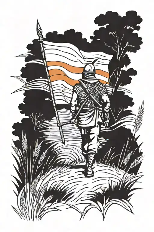 a warrior walking in wheat field carrying   orange triangle flag tattoo design idea