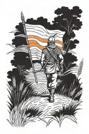 a warrior walking in wheat field carrying   orange triangle flag tattoo design idea