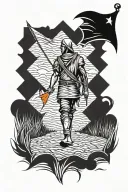 a warrior walking in wheat field carrying   orange triangle flag tattoo design idea