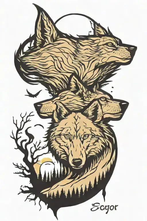 face of a wolf with the moon behind it, a forest below the face of the wolf and silhouette of an eagle tattoo forearm tattoo design idea