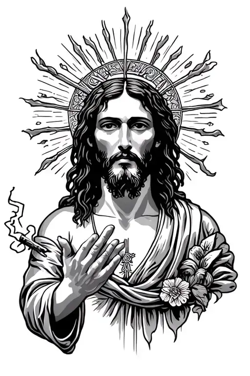 Classic Jesus imagery but modernized with the joint, chill posture, maybe sunglasses or dreadlocks.Jesus with a joint/bl tattoo design idea