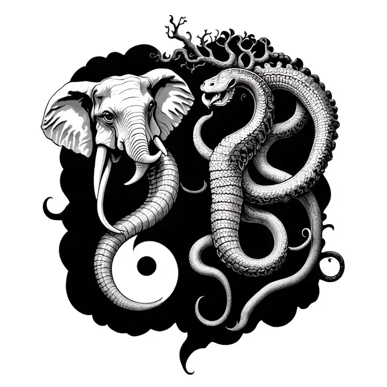 a poison tree with an elephant head on the left ,right side of the tree snakes of Medusa on the middle a semicolon tattoo design idea