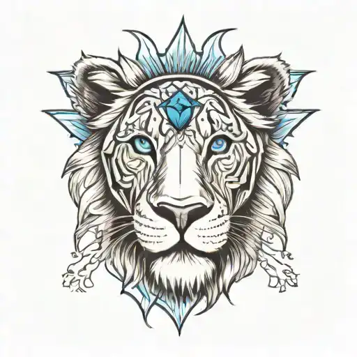 lion with blue eyes and cross through eye tattoo design idea