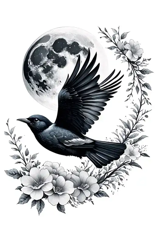 bird in flight and moon with florals tattoo design idea