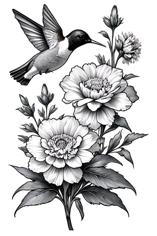 carnation, daffodil, marigold, larkspur,  hummingbirds, chrysanthem long leaves with stems but add in the tooled leather tattoo design idea