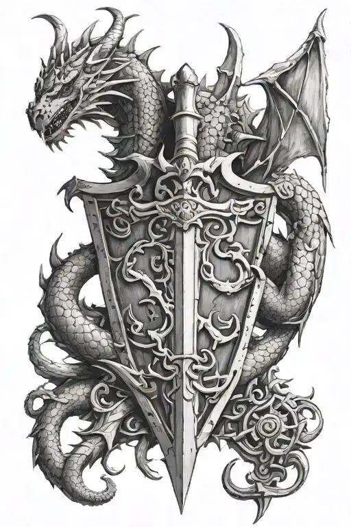 dragon claw, castle ruins, sword and shield tattoo design idea