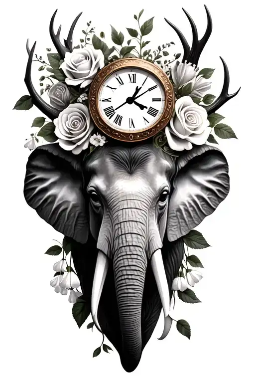 roses, lilly of the valley, marigold, elephant head, deer antlers, clock, eye tattoo design idea