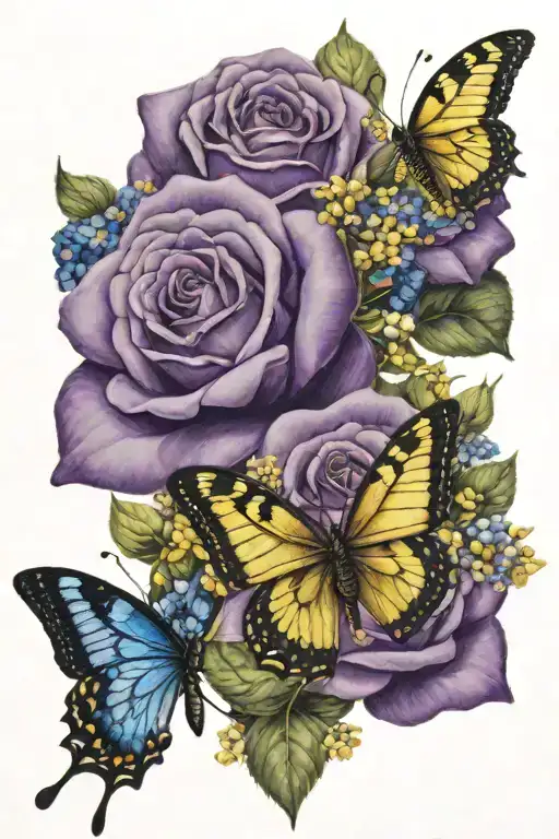 one purple rose, forget me not flowers and a yellow butterfly  tattoo design idea