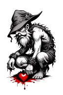 Evil Redcap Gnome Kneeling over a Bloody heart tattoo design idea