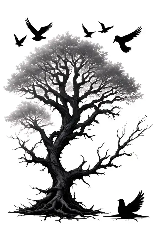 leafless poison tree with long roots with doves and shading  tattoo design idea