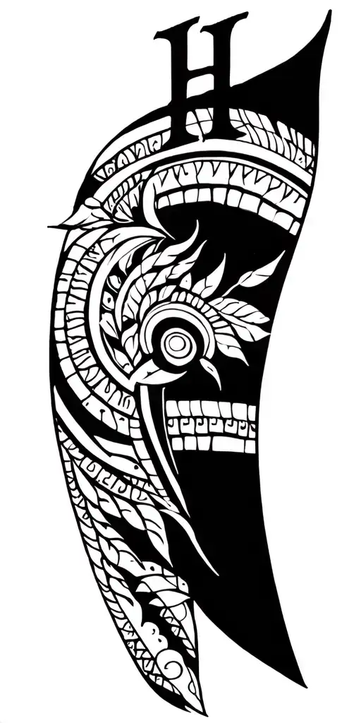african tribal sleeve pattern with a regal H letter on shoulder tattoo design idea