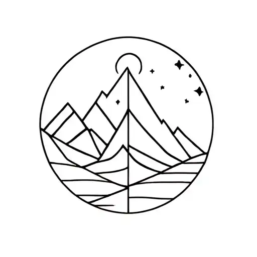 minimalist tattoo, fine line, geometric shapes, including mountains, volcano, waterfall, and northern lights tattoo design idea