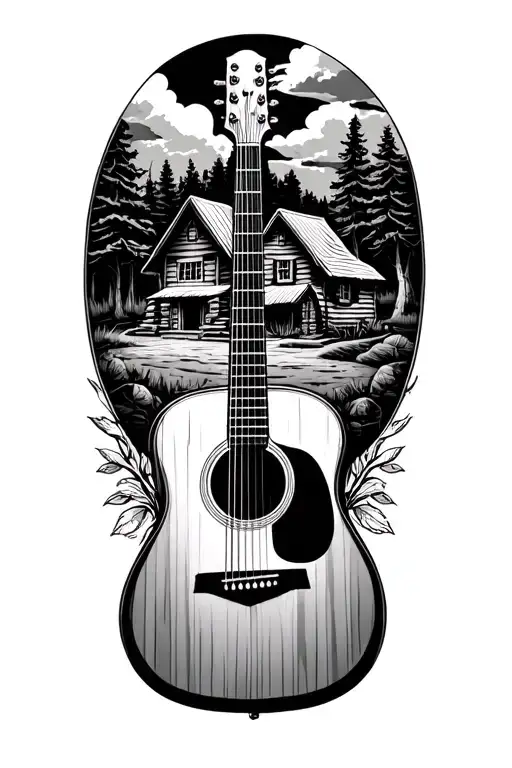 accoustic guitar surrounded by log cabin scene inside tattoo design idea