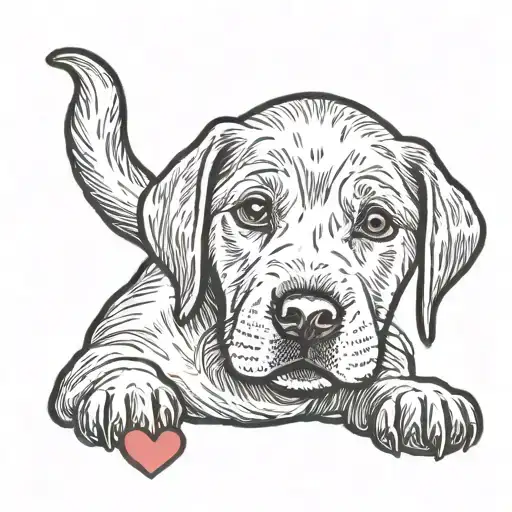 minimalist design of a Labrador puppy face outline with winking eyes, tongue showing & looking at a tiny heart doodle tattoo design idea