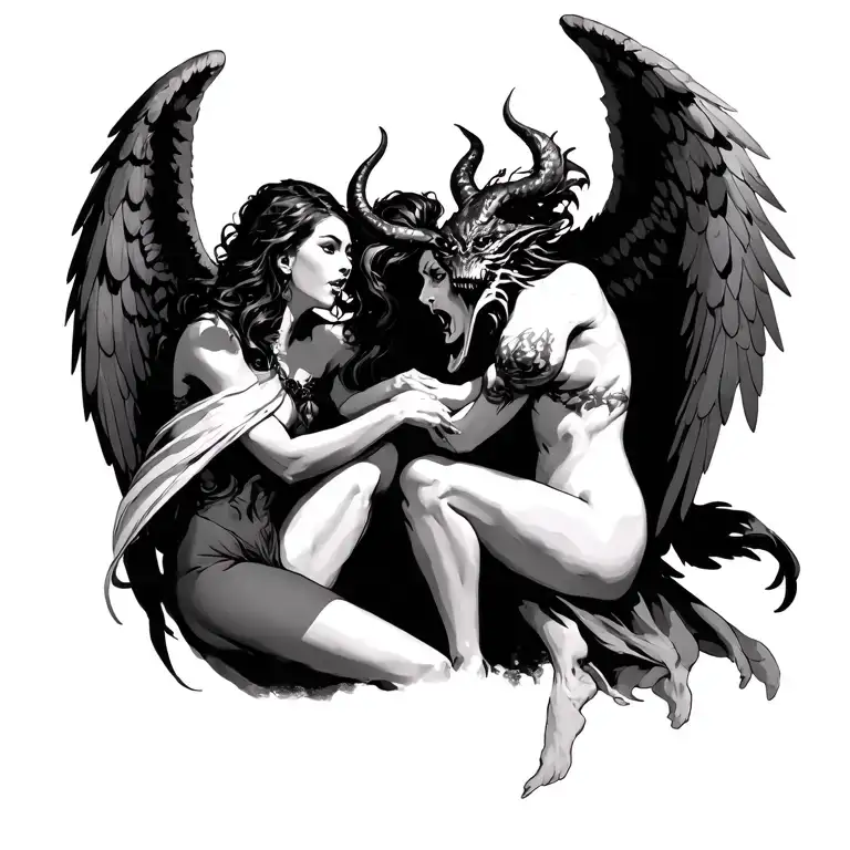female angel fight female demon  tattoo design idea