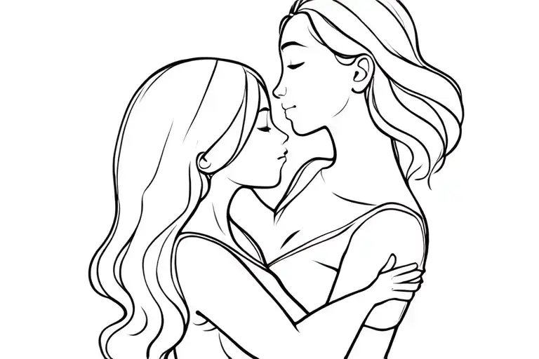 Mom and daughter hug oblique outline minimalist line tattoo design idea