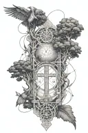 forearm tattoo Leonardo da Vinci with fine line symbols, tree, Africa, cross birds and writing tattoo design idea