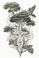 forearm tattoo Leonardo da Vinci with fine line symbols, tree, Africa, cross birds and writing tattoo design idea