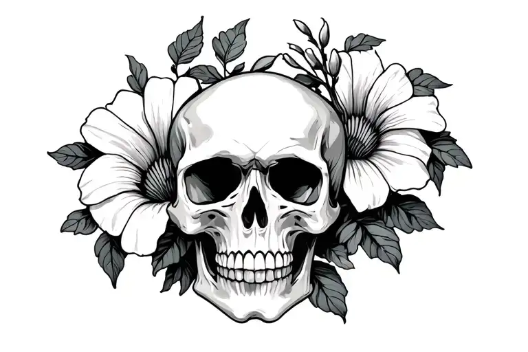 skull with morning glory vine and aster flower blooming tattoo design idea