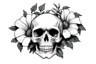 skull with morning glory vine and aster flower blooming tattoo design idea