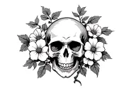 skull with morning glory vine and aster flower blooming tattoo design idea