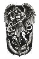 st Michael the archangel as a marble statue standing over a snake, holding traditional sword and large shield tattoo design idea