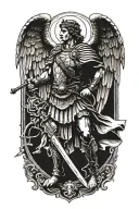 st Michael the archangel as a marble statue standing over a snake, holding traditional sword and large shield tattoo design idea