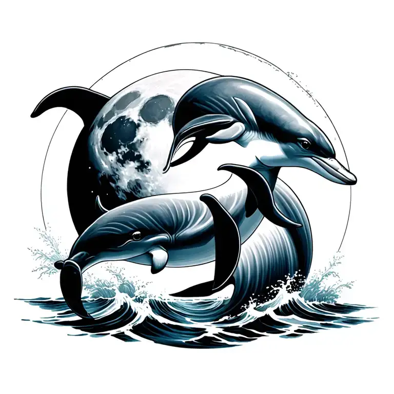 dolphin and full moon  tattoo design idea
