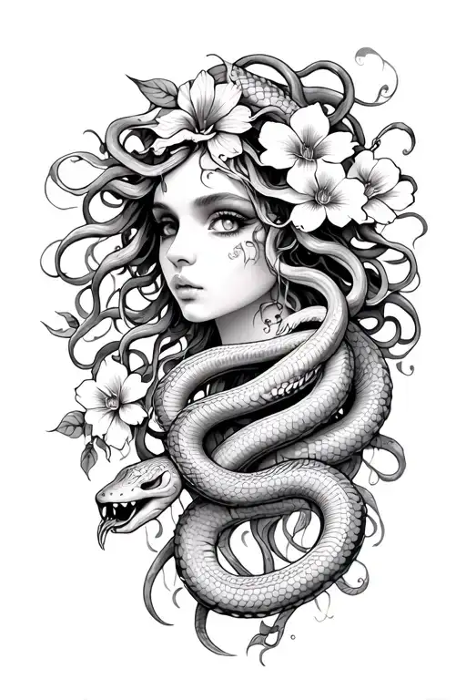 medusa tattoo with 14 snakes 3 flowers and 1 eye tattoo design idea