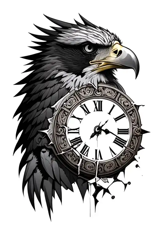 eagle head with broken Roman numeral clock tattoo design idea