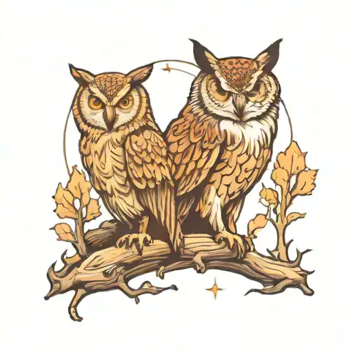 owl and wolf in forest at night scene tattoo design idea