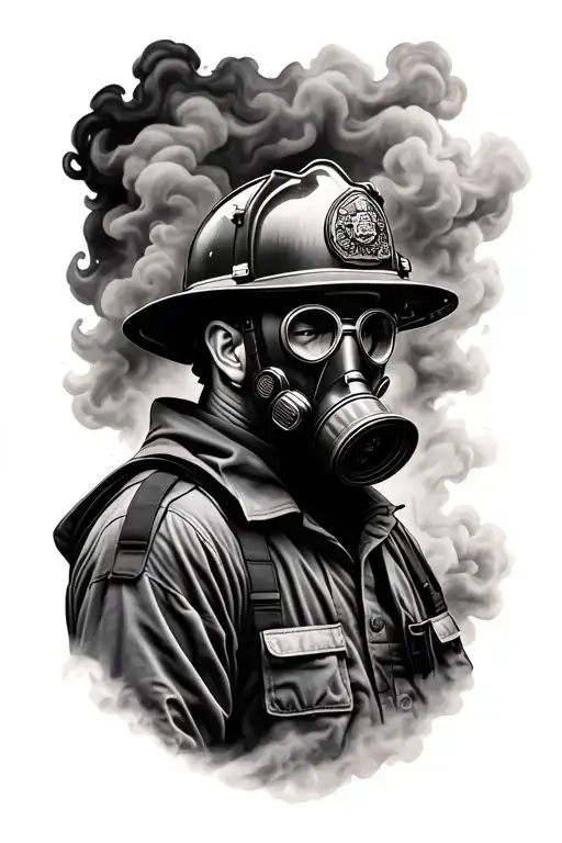 Realistic black and grey firefighter memorial tattoo — a fireman shoulders and head with a gas mask, standing in smoke tattoo design idea