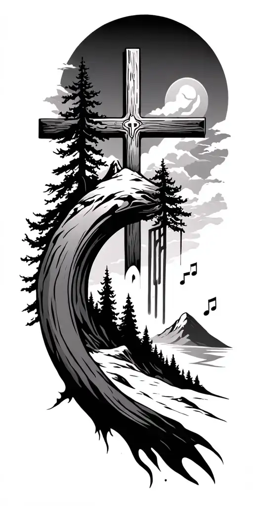 christian cross with trees and mountain and music tattoo design idea