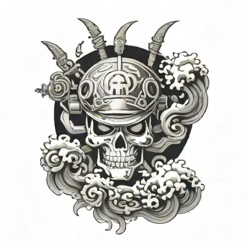 A tattoo design inspired by Japanese art and one piece manga in a black-grey style tattoo design idea