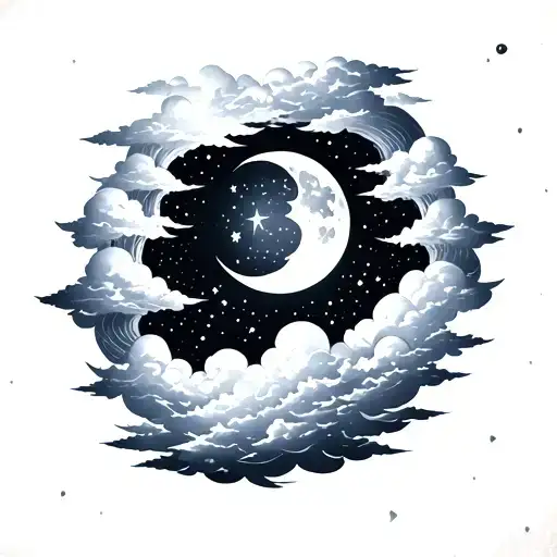 The sky with stars shining and moon surrounded by clouds  tattoo design idea
