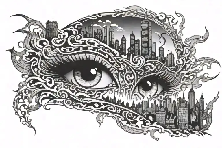 flaming eyes with a burning city skyline tattoo design idea