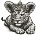 A lion cub with a prayer crown on its belly. tattoo design idea